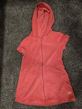 OP Hooded Short Sleeve Terry Cover-Up Dress in Coral